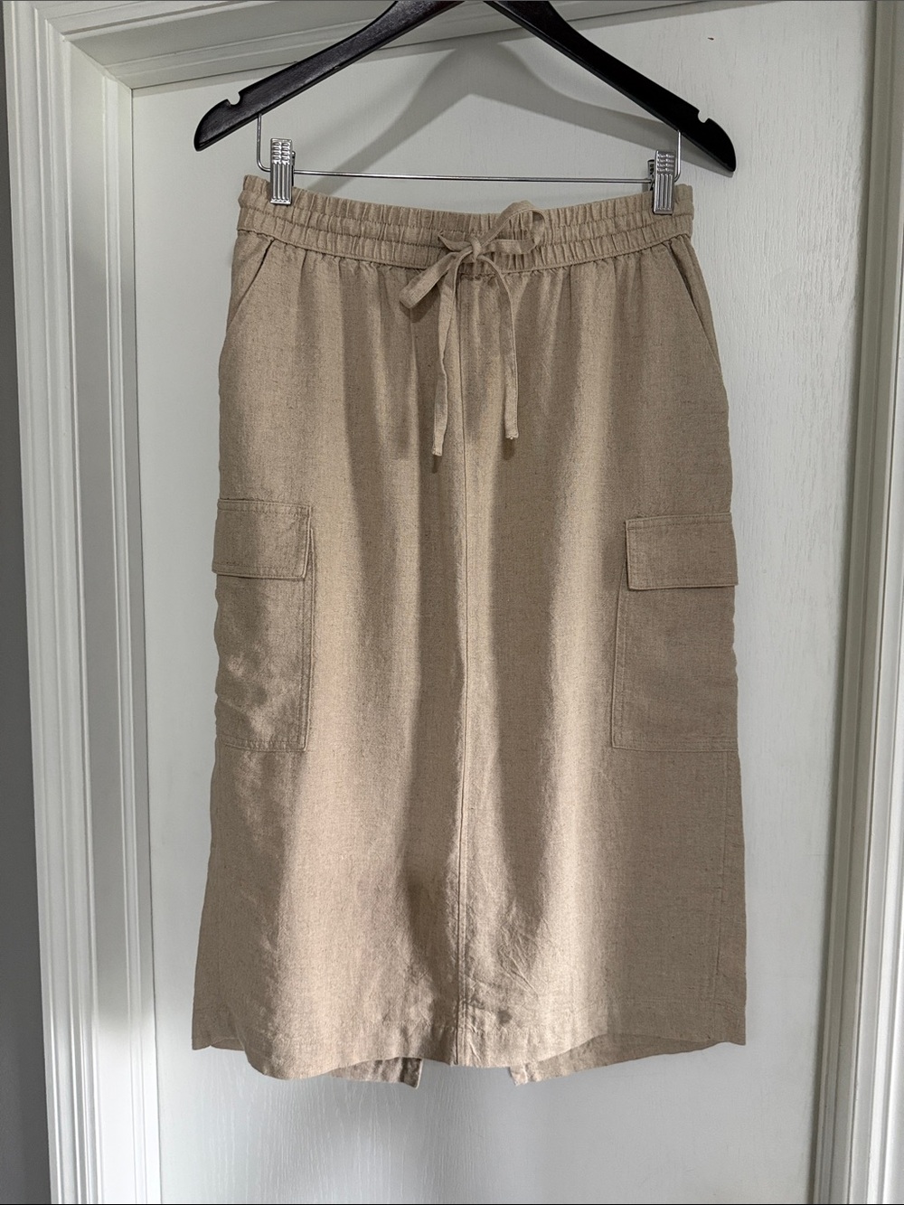 a new day Neutral Tan Linen Drawstring Cargo Midi Skirt